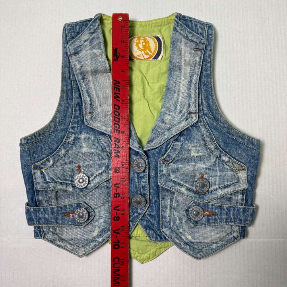 Vintage Red Pepper Distressed Denim Vest Y2K Japanese Archive Biker Western SZ S - Picture 5 of 8